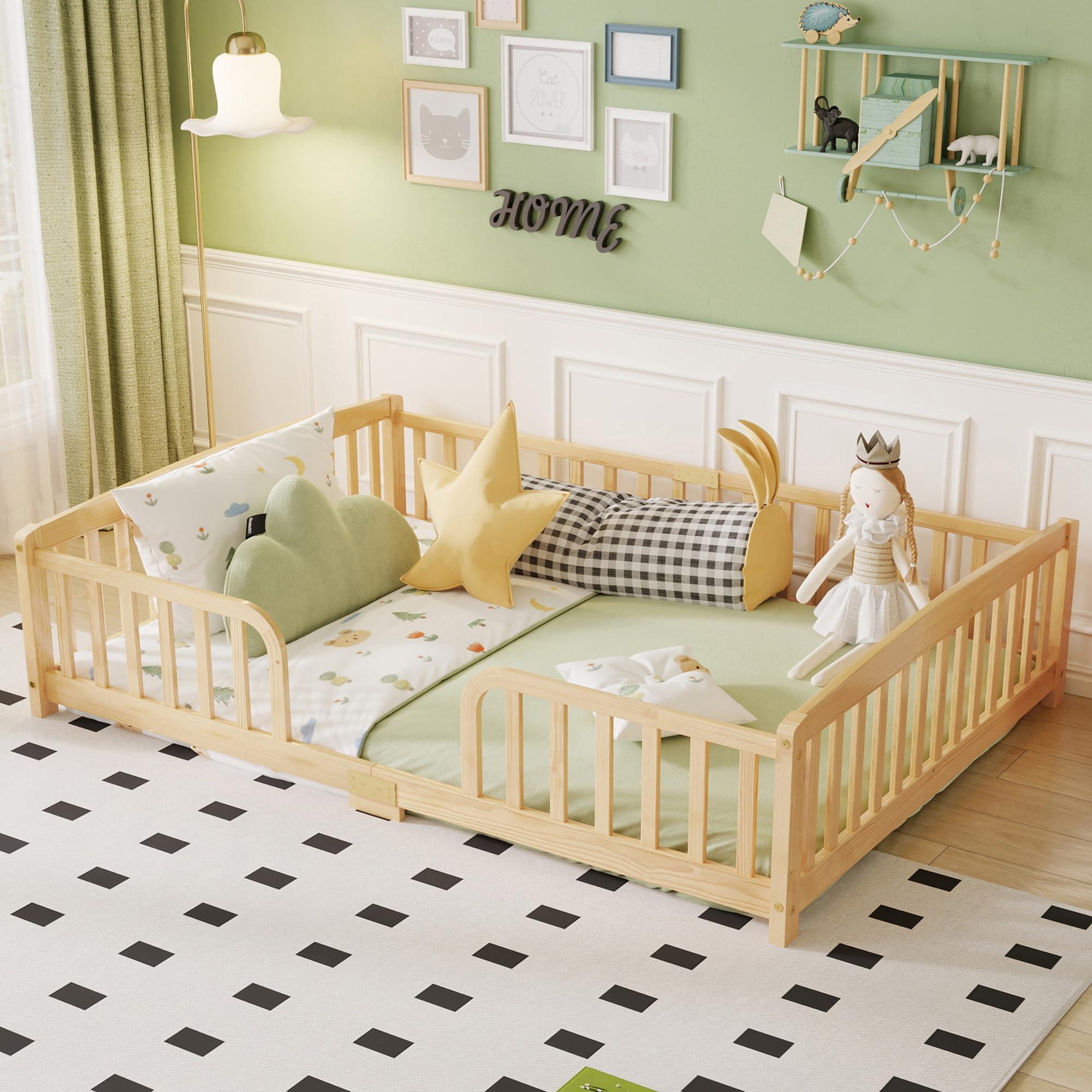 Bellemave Kinderbett Bodenbett 140x200 mit Rausfallschutz, Kiefer, Holz