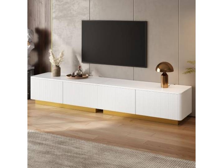 Merax TV-Lowboard 200x40x35 cm mit vertikaler Rillenstruktur, Schubladen & Kabelmanagement – modernes Sideboard für Wohnzimmer, Weiß