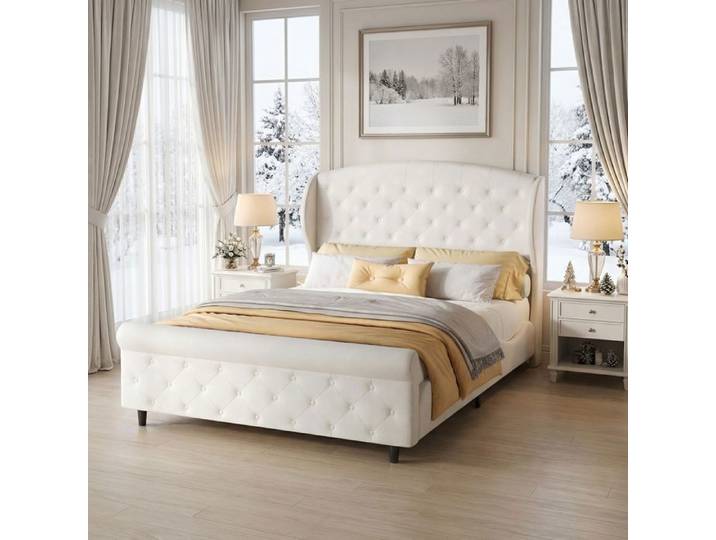 Lit double 140x200 cm avec sommier lit adulte lit rembourré tissu en velours lit au profil de traîneau 2 personnes blanc