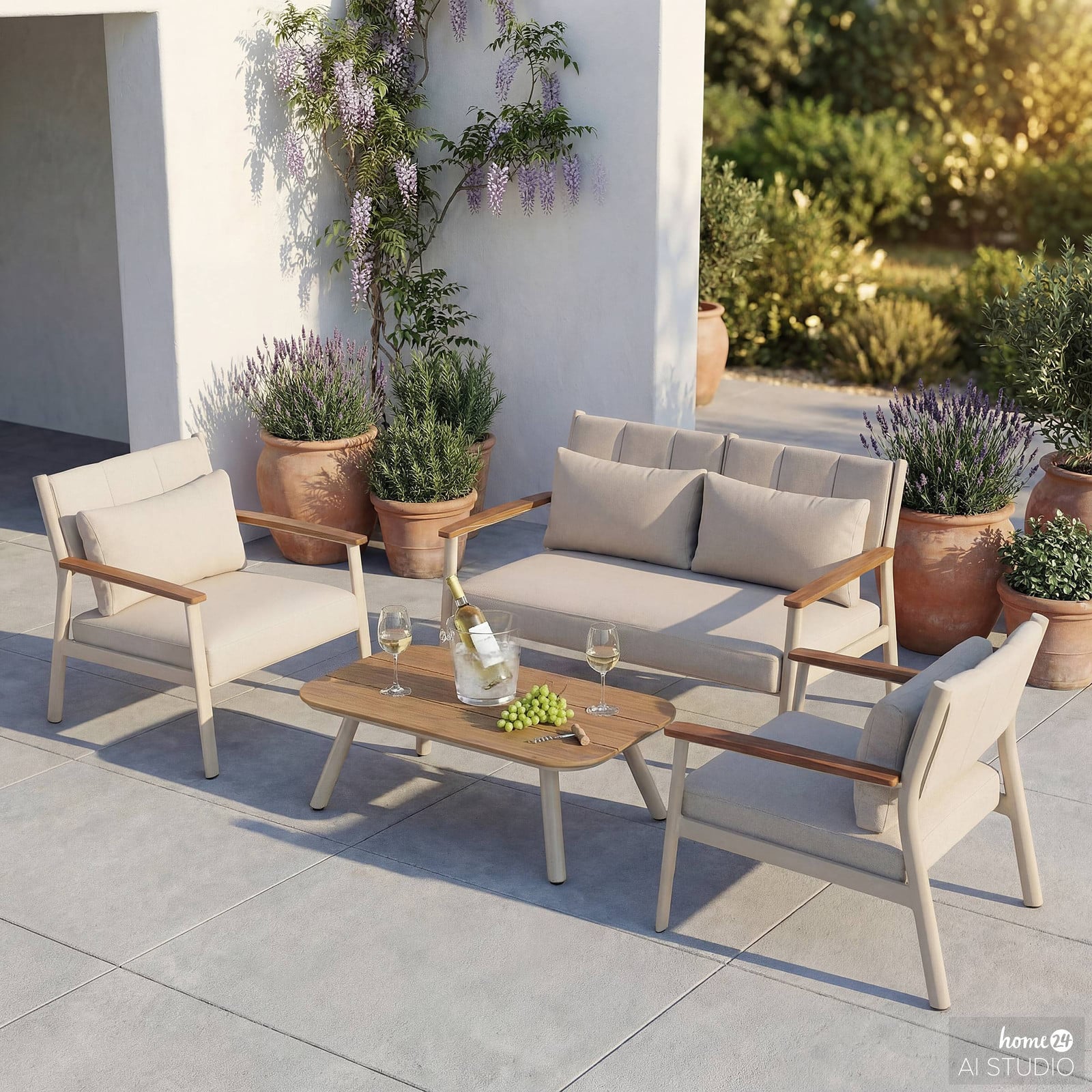 home24 Loungeset Auri 4-delig beige met aluminium frame en kussens