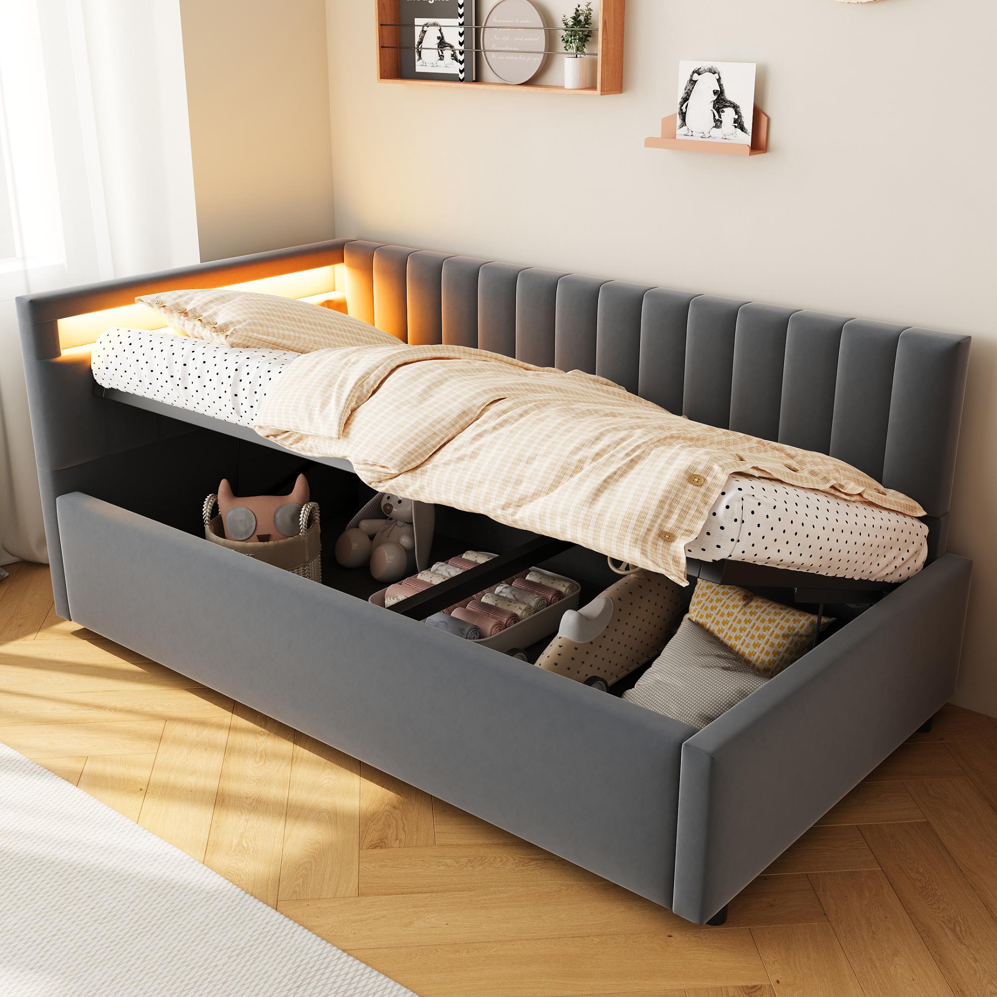 Gepolstertes Schlafsofa 90x200 (grauer Samt): LED-Beleuchtung + hydraulischer Stauraum, vertikale Streifen, austauschbare Kopfstützen, Lattenrost