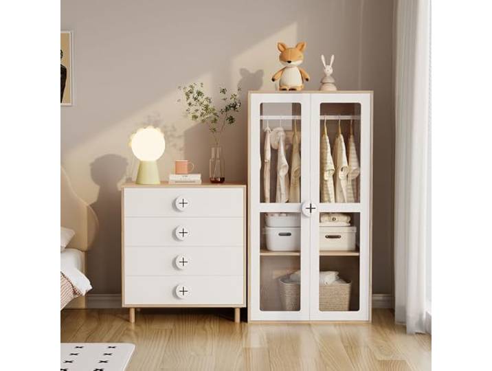 Merax 2-türiger Kinderkleiderschrank + Kommode, Schrank mit Acryltüren, Kleiderstange & verstellbaren Einlegeböden, Nachtschränkchen-Kleiderschrank-Komb, Weiß/Natur