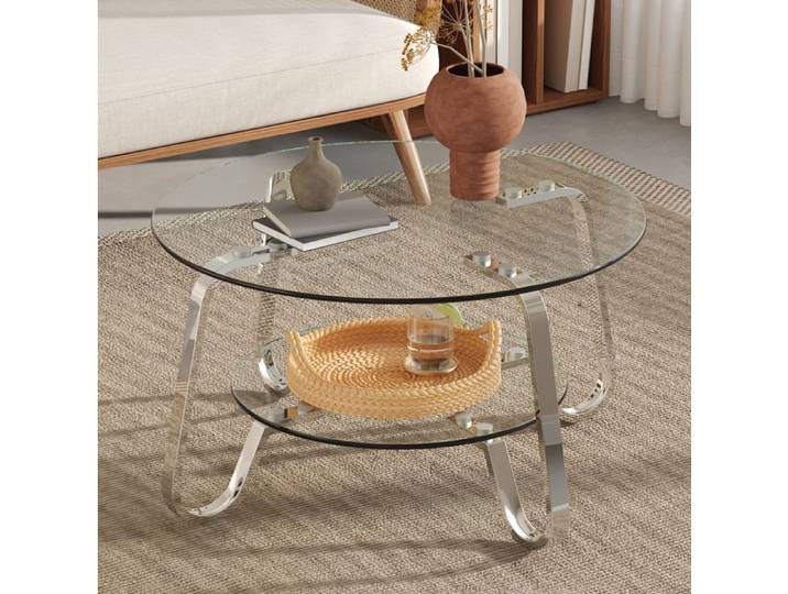 Table basse ronde double plateau en verre de sécurité et métal argenté style rétro minimaliste