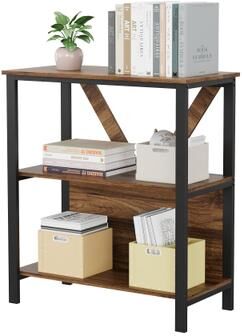 Garvee 3 Tier Bookshelf with LED Lights, Bookcase with Open Display Shelves, Wood and Metal Standing Bookshelf