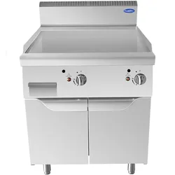 Glatte Gas-Bratplatte aus Edelstahl. 2 Zonen. Piezo-Zündung. Schublade für Reste. Leistung 2x10 kW. Abmessungen (BxTxH) 80x90x114 cm. AT9G8G-F-A