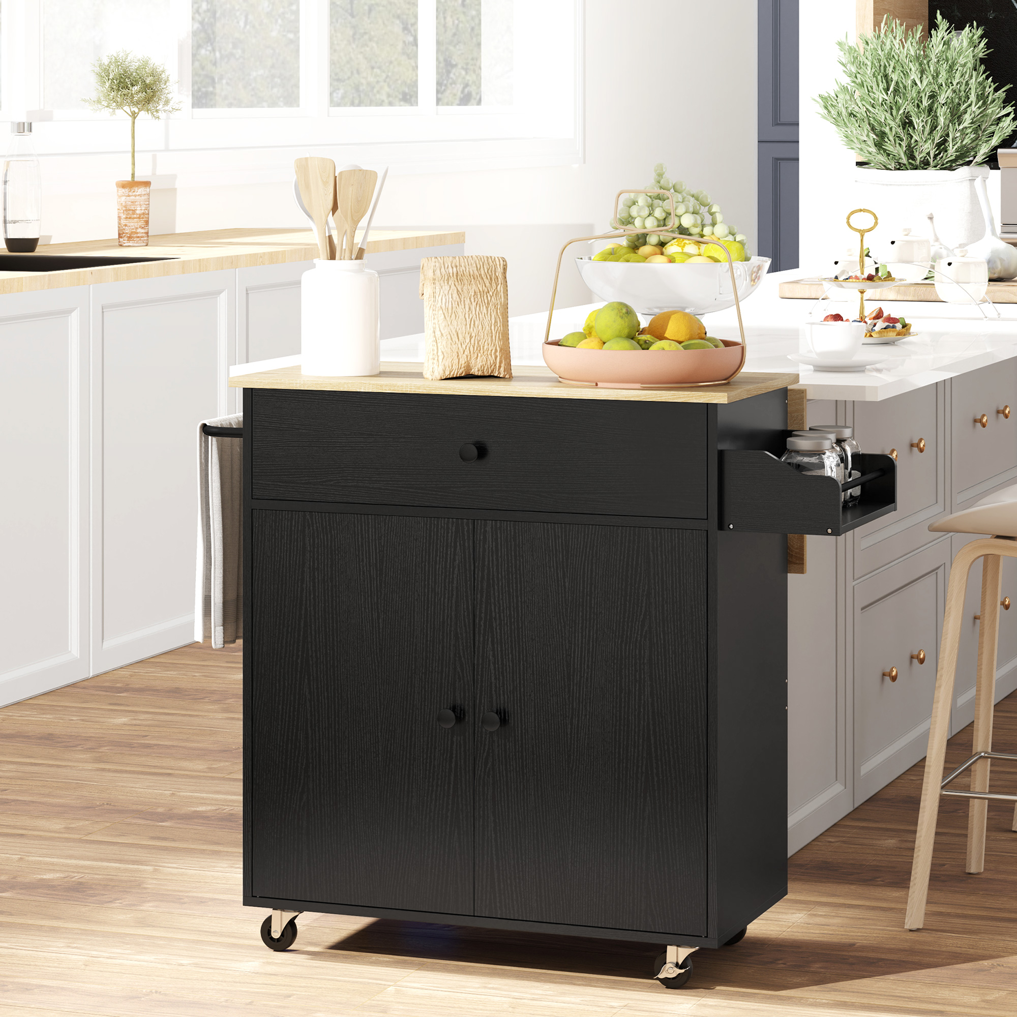 Homcom Carrello cucina con cassetto, armadietto e barra portasciugamani, nero e quercia   Aosom Italy