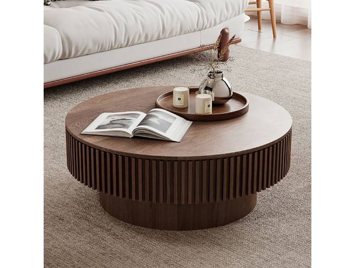 Table basse ronde 75cm table basse avec rangement style moderne MDF plaquage bois massif noyer