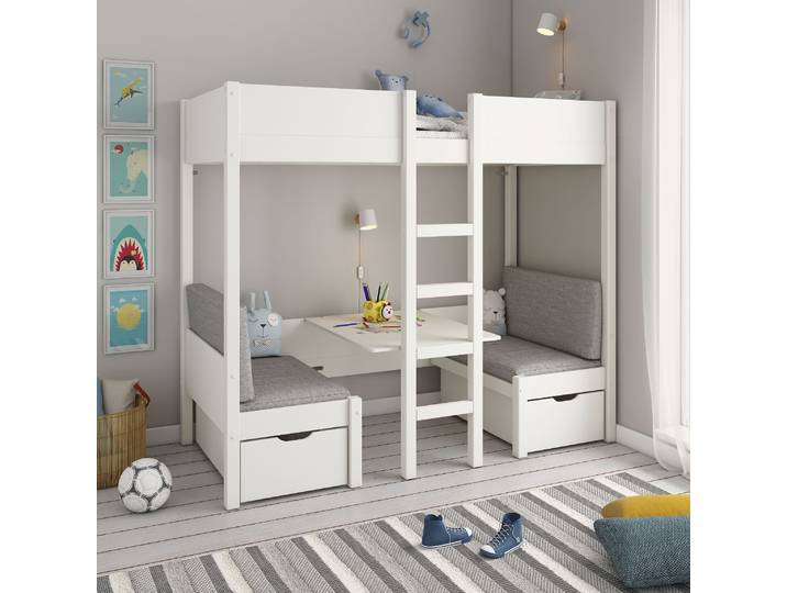 Etagenbett GOODPRODUCT Stockbett TIPO Inklusive unterer Auflagen, 90x200cm , weiss (weiß), mit Polster für untere Liegefläche, Liegefläche B/L: 90cm x 200cm, kein Härtegrad, Etagenbetten, Etagenbett, viel Stauraum, Massivholz,inklusive Tisch,2 Schubkästen,2 Schlafplätze