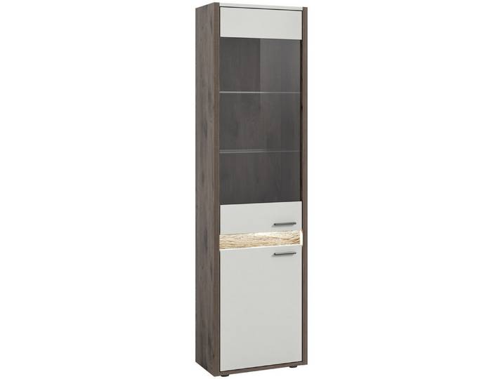 Furnhaus Vitrine Vitrine Falcona, Nox Oak dunkel / hellgrau, inkl. Frontbeleuchtung Glasschrank Eiche dunkel ca. 50 cm breit