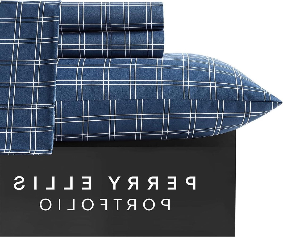 6-delige kreukvrije microvezel lakenset voor Queen size bed in marineblauw wit