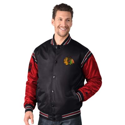 Bomberjacke STARTER "Starter Jacke Chicago Blackhawks Starter Satin Varsity", Damen, Gr. M, schwarz, Popeline;Jersey, 100% Polyester, Jacken Bomberjacke