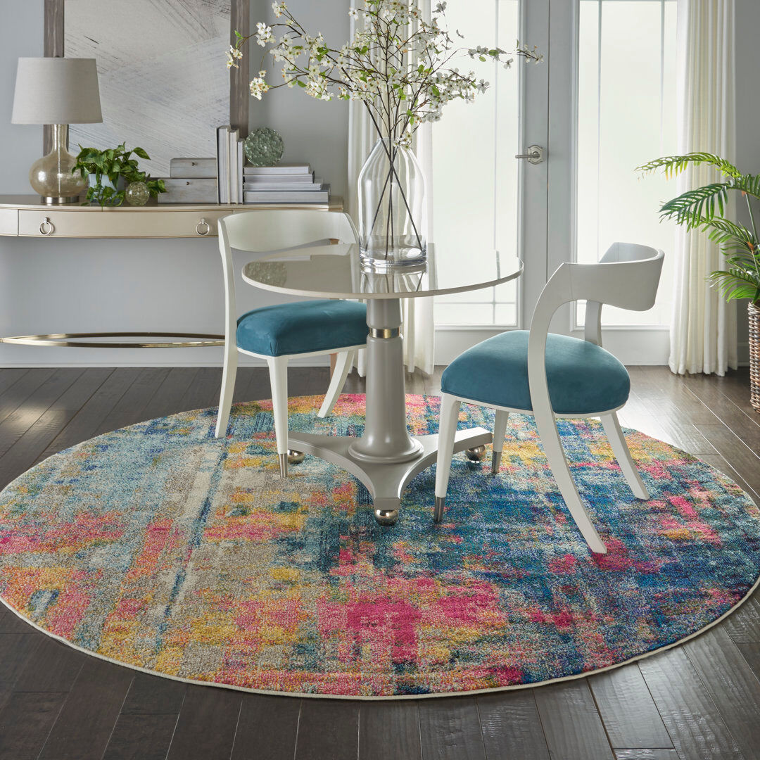 Hashtag Home Ojas Abstract Area Rug Blue/Yellow/Pink/Green Round 122cm