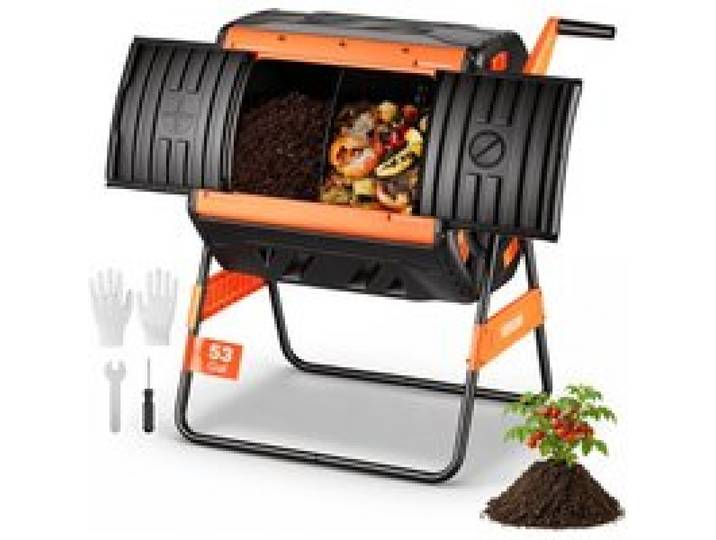 VEVOR Komposttrommel 200 L, Tumbling-Komposter Outdoor mit 2 Schiebetüren & Belüftungssystem & Doppelkammern, Kompostbehälter aus PP & Kohlenstoffstahl für Garten-, Küchen- und Hofabfälle