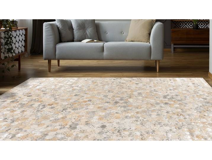 Lederteppich KAYOOM Ravi 400 - Fellteppich , silber (silberfarben), B:160cm H:8mm L:230cm, Rindsleder, Teppiche, Lederteppich, metallische Effekte, Patchwork Dessin, Rindsfell mit Wollrücken