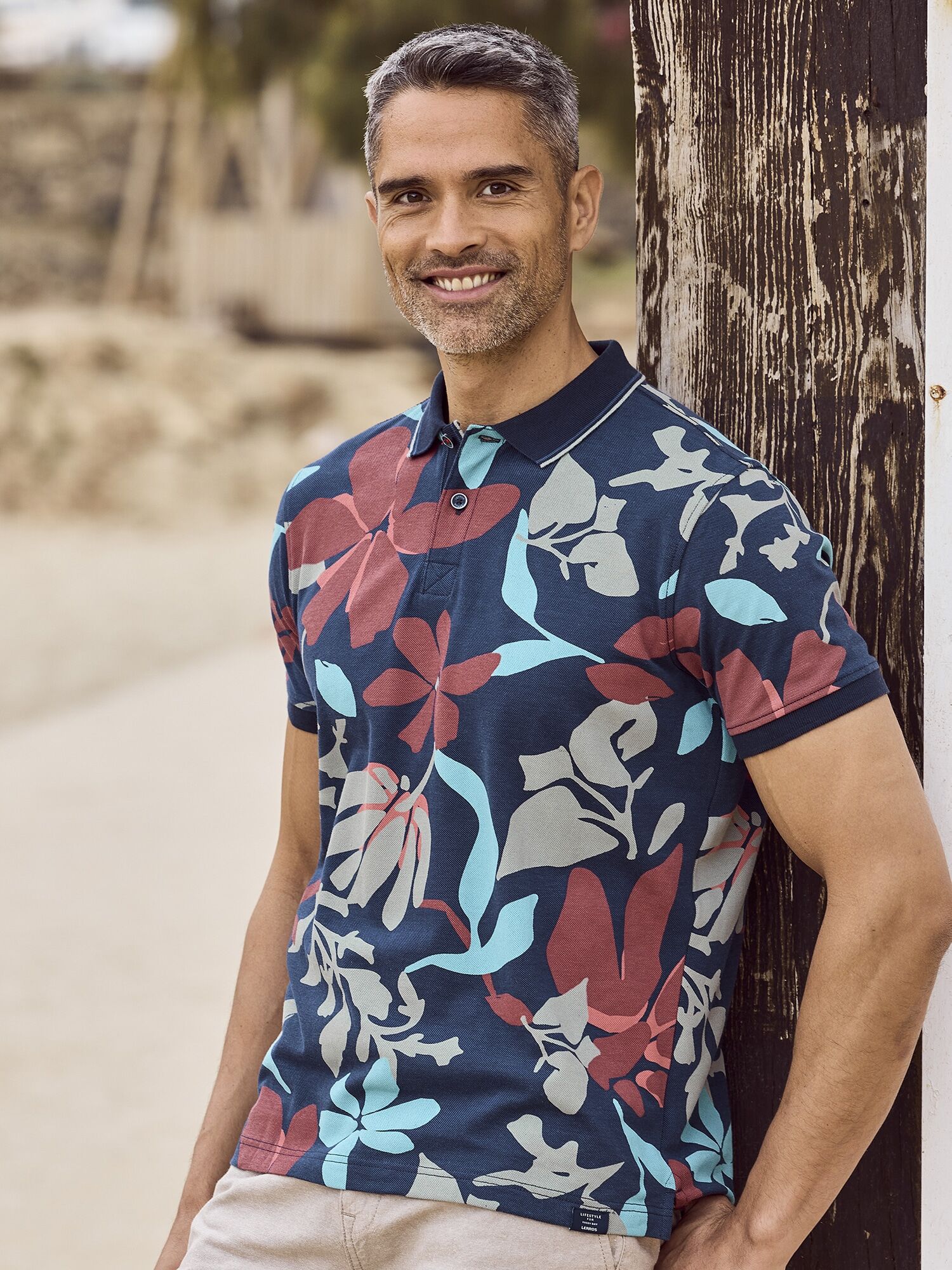 Poloshirt LERROS "Poloshirt, sommerlich-floral gemustert", Herren, Gr. S, blau (classic navy), 100% Baumwolle, ohne Ausschnitt, Shirts Poloshirt classic navy S