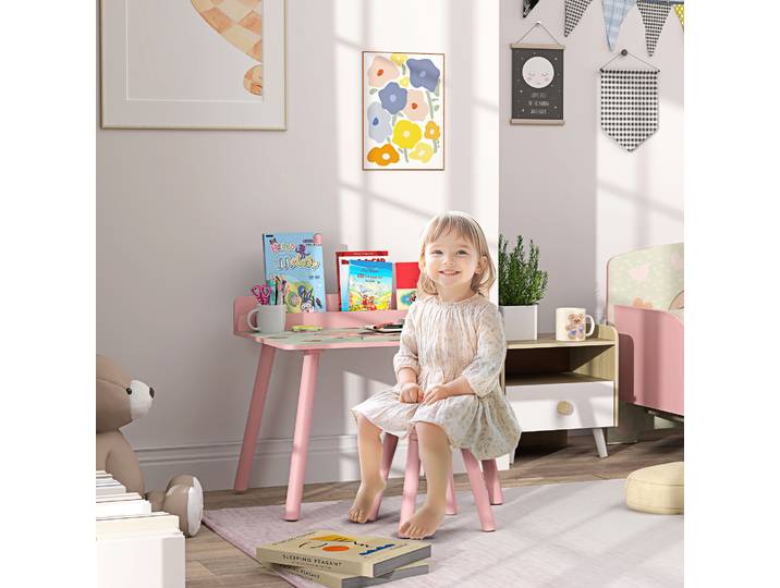 AIYAPLAY Table Enfant Rose avec Chaise et Porte-Livres Ours