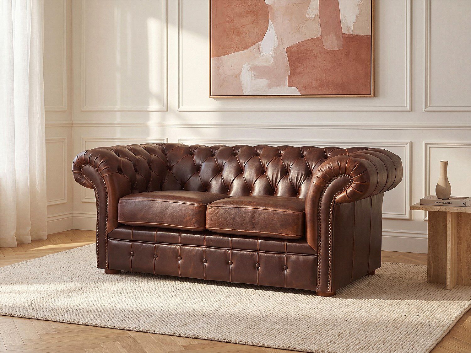 Vente-unique Tweezitsbank chesterfield CLOTAIRE van 100% leer met lived-in aspect