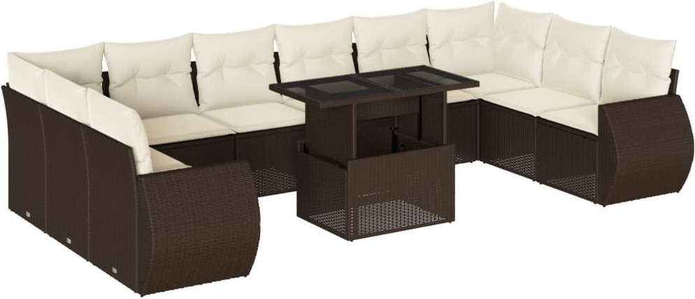11-tlg. Gartenmöbel-Set, modulare Sofagarnitur mit höhenverstellbarem Tisch, Poly Rattan Braun, cremeweiße Kissen mit abnehmbaren Bezügen
