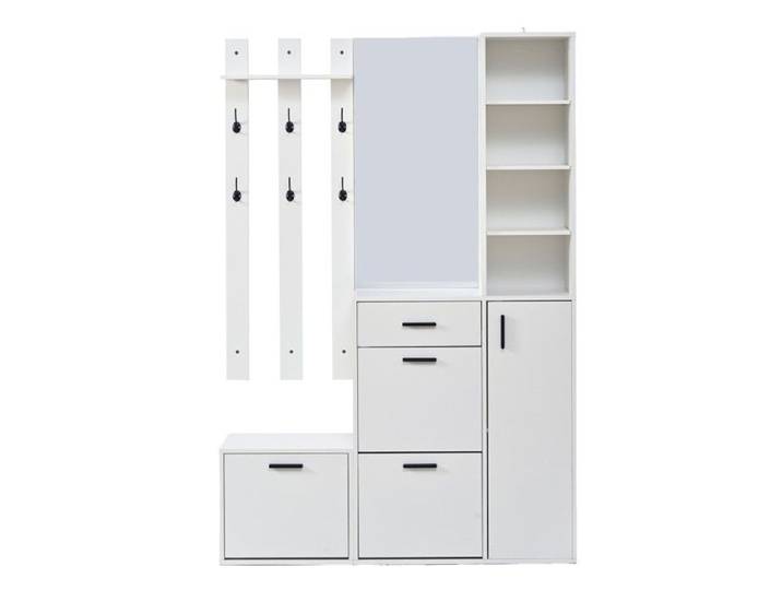 Porte-manteau entrée multifonction meuble à chaussures miroir patères armoire étagères blanc 120x30x178cm couloir