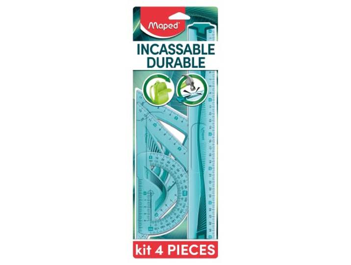 Maped Kit de Traçage INCASSABLE 4 pièces comprenant : 1 règle 30 cm\, 1 équerre 60°/21cm\, 1 équerre 45°/21 cm et 1 rapporteur 180°/12 cm Bleu