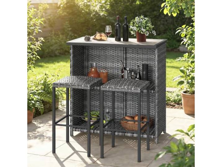 3TLG Polyrattan Garten-Barset Bartisch in Thekenhöhe mit DPC-Tischplatte mit 2 Hockern & Ablagefächern, wetterfest, platzsparend, DPC-Tischplatte – für Balkon, Garten oder Terrasse