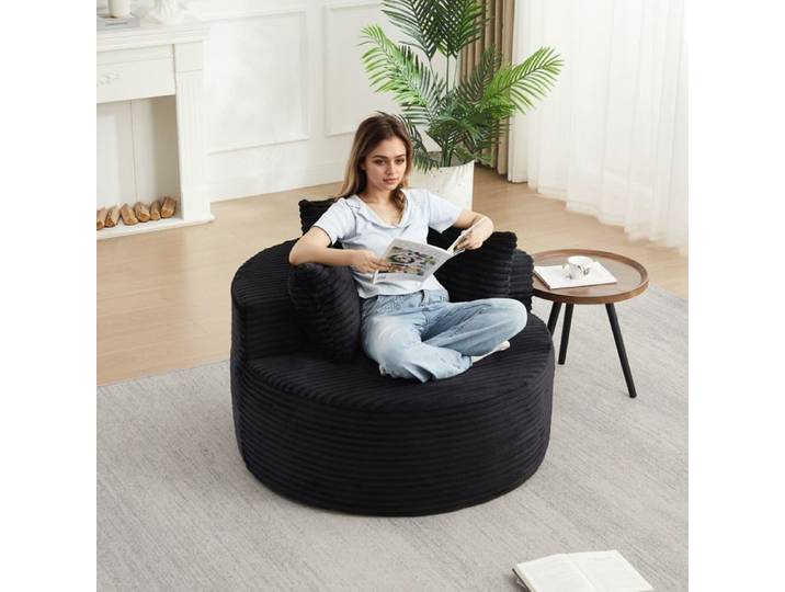 Fauteuil lounge rond individuel avec 3 coussins larges accoudoirs velours côtelé noir pour salon