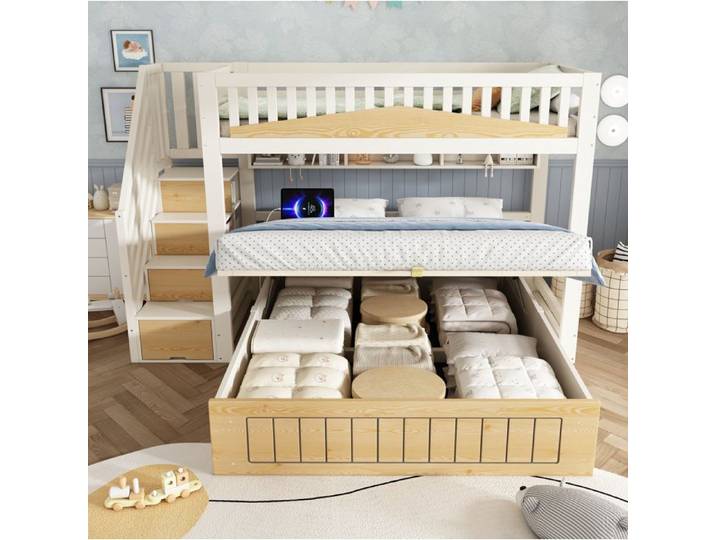 Lit adulte etage double 90x200 140x200 rangement hydraulique bois blanc naturel EVRYAE
