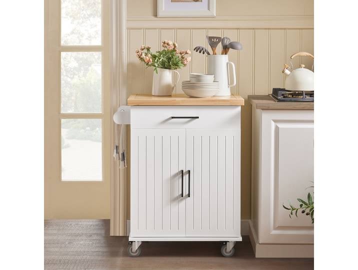 SoBuy FKW119-WN Chariots de cuisine avec plaque de travail chariot de service avec chariot à roulettes cuisine îlot de cuisine armoires de cuisine blanc-nature