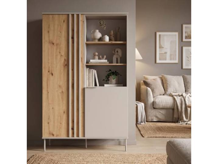 Lomadox Wohnzimmer Esszimmer Vitrinenschrank mit 110 cm Breite in Eiche mit Beige, 2 Türen