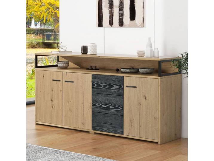 Buffet bas 3 portes 3 tiroirs niche ouverte étagères réglables noir et bois 150×35×75 9 cm - UVRION