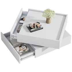360° drehbarer Couchtisch mit Schubladen, Stauraum, multifunktional, modernes Design, hochglänzend, Weiß, 60x60 cm