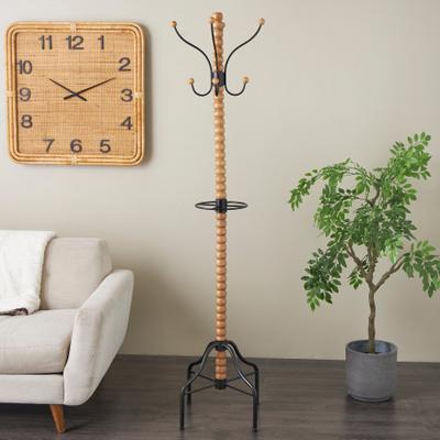 ARCILLA ELEMENTAL Brown Wood Spindle 8 Hook Coat Rack with Black Metal Accents and Beaded Ends