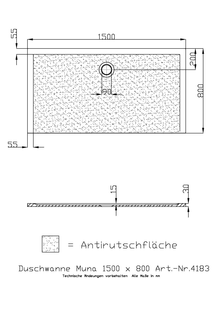 Hoesch Duschwanne Muna 1500x800x30 mit Antirutsch 4183.013