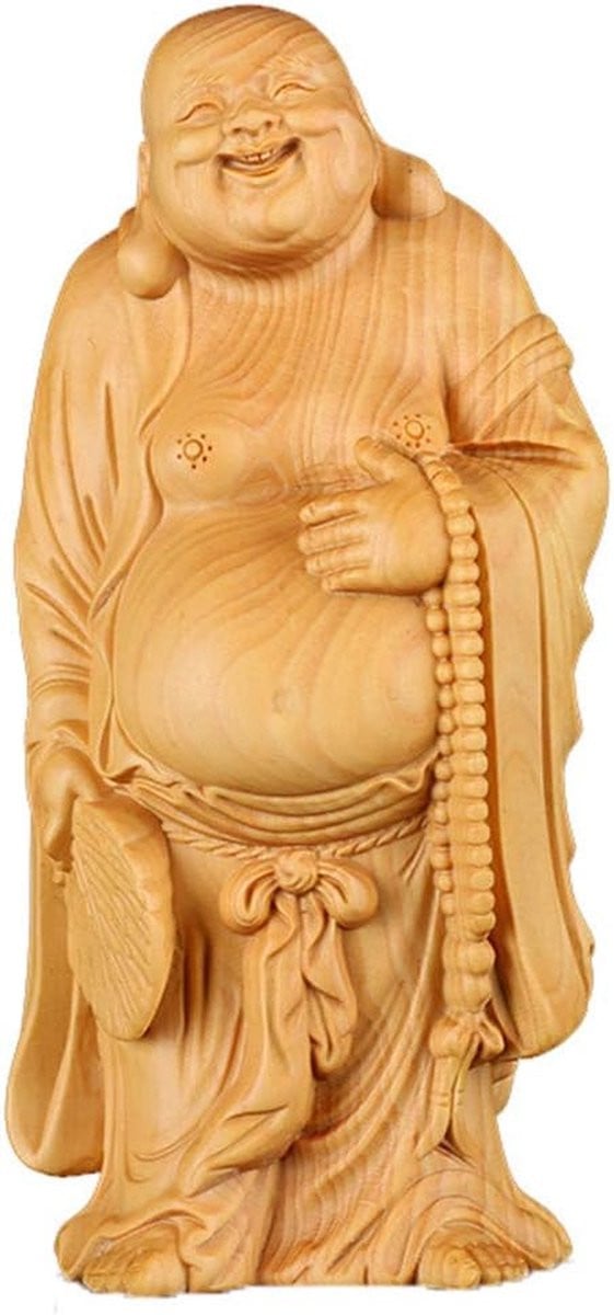 Lachende Boeddha Figuur Maitreya Boeddha Standbeeld van Buxushout in Houtkleur