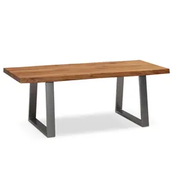 COUCHTISCH aus Akazie Massivholz mit Metall-Trapezbeinen und Baumkante im Design-Stil, Akazie-Silber 120x60x46 cm