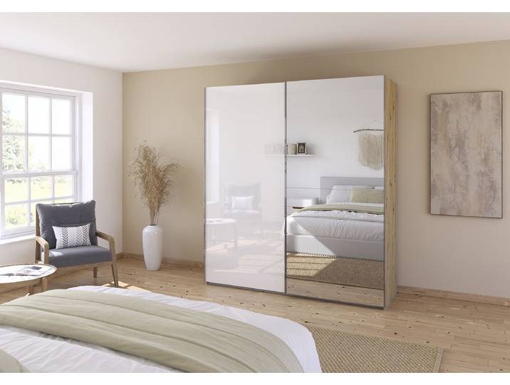 Armoire Fifty coulissante 201cm Blanc/Bois/Blanc brillant/Imitation chêne Artisan 1 miroir