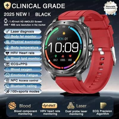 Uplift Essentials Nursing Health Pro Smart Watch ECG, Uric Acid & Blood Fat Monitor Mens Body Analysis & HD Call Health SmartWatch red