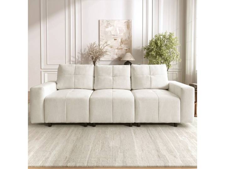 Modenuit Canape droit modulable 3 places 213 cm avec dossier reglable fonction couchage occasionnel chenille blanc casse