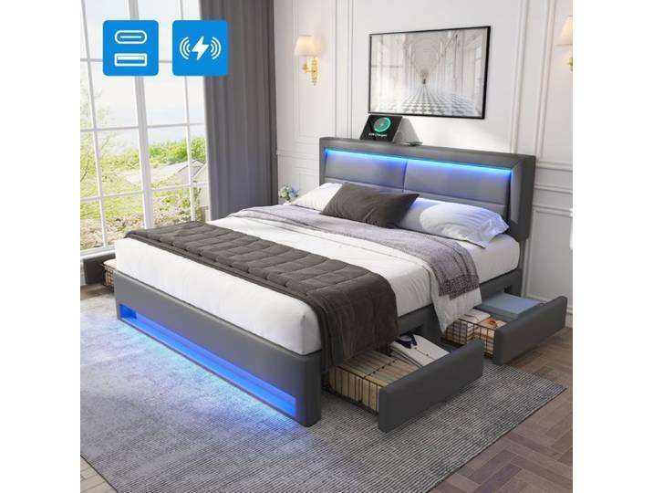 Lit double - SOGEU - sogeu - 140x190 cm - Port USB filaire & sans fil - LED 12 couleurs
