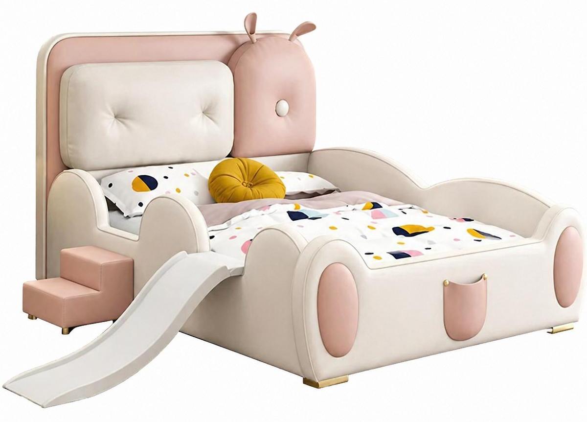 Beige-rosa Kinderbett mit Seitengittern Bett mit Rutsche und Treppe