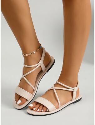 LightInthebox Women's White Strappy Sandals - Comfortable Flat Summer Shoes with Crisscross Slender Straps Elastic Back for Beach Vacations and Island Travel