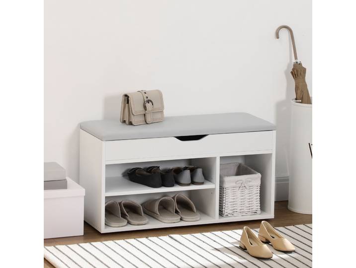 HOMCOM Banc à Chaussures 2 Niveaux avec Coffre et Coussin Blanc