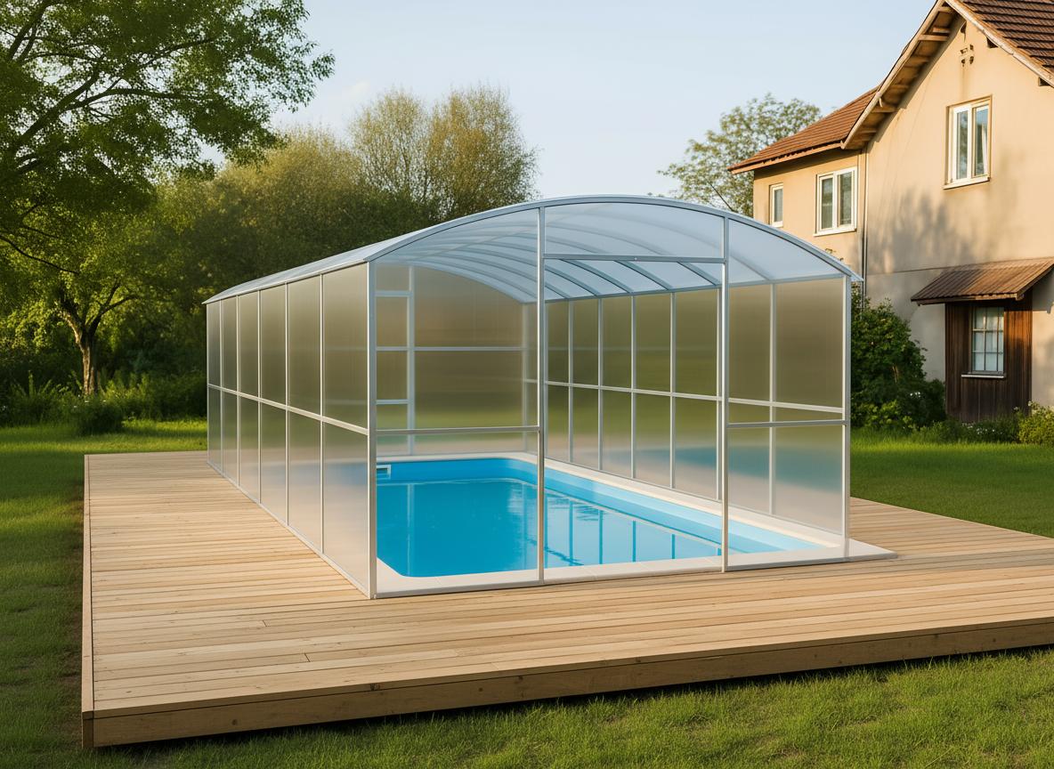 Poolabdeckung von Garten Dream "Avalon" 3x10M mit 4mm polycarbonate Ganzjährige Nutzung. Schnee- und winddicht. Doppeltüren jeder Seite. Rostschutz