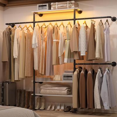 Rackcog "87""W Industrial Pipe Clothing Racks with LED Lights & Open Shelves,Reversible Walk-in Closet Oraganizer System Garment Racks"