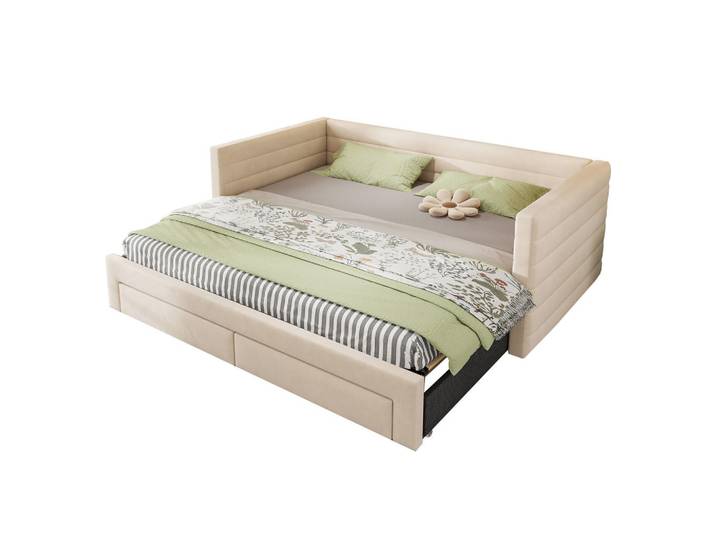 Flieks Polsterbett 90x190 Beige Baumwolle Ausziehbar, 90x190 cm, Schlafzimmer, Betten, Polsterbetten