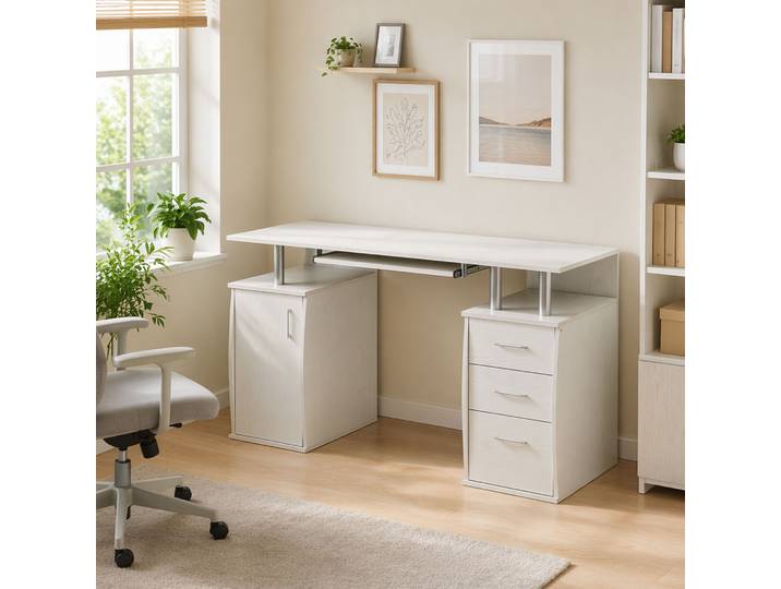 HOMCOM Bureau Informatique 120x55cm 3 Tiroirs Plateau Clavier Blanc