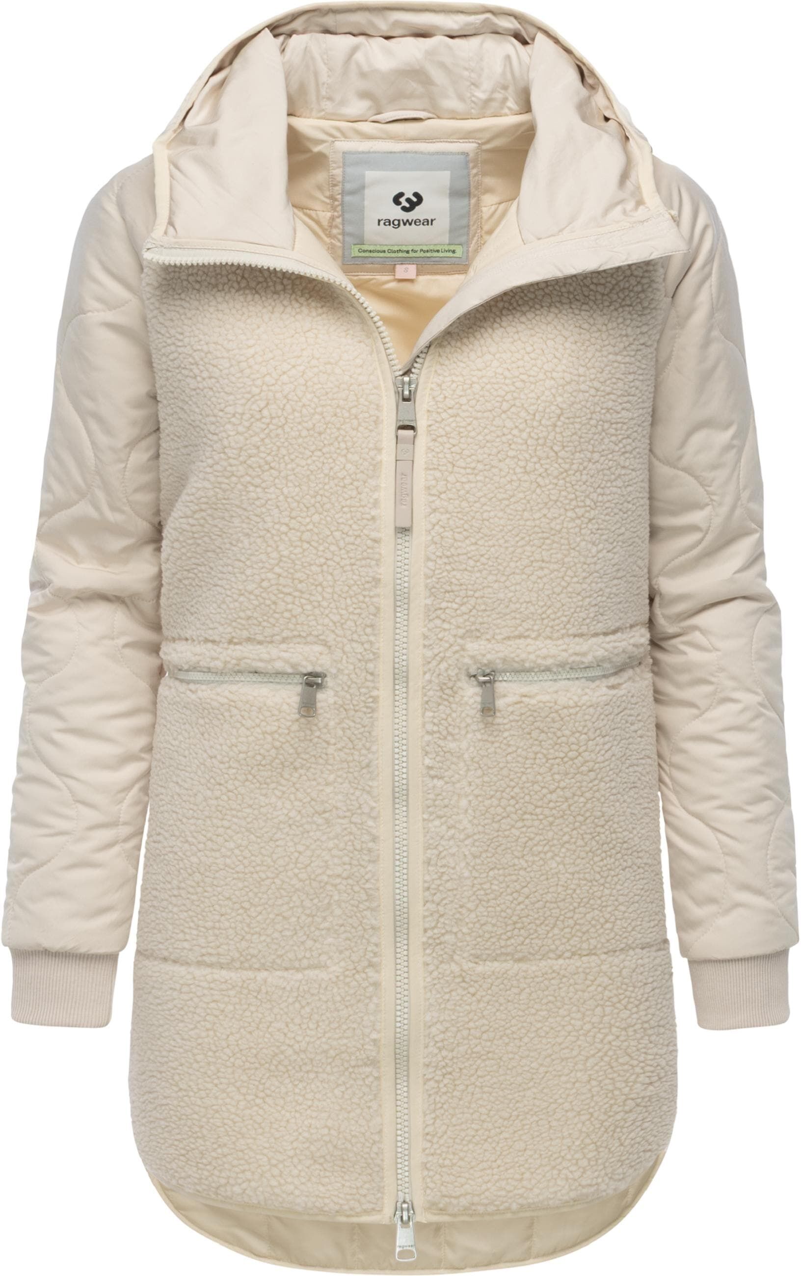 Fellimitatmantel RAGWEAR "Fellimitatmantel Longeddy", Damen, Gr. M, beige (ecru25), Obermaterial: 100% Polyester PES.  Obermaterial: 70% Polyester PES. 30% Nylon NY. Futter: 100% Polyester PES. 100% Polyester PES., Mäntel Fellimitatmantel