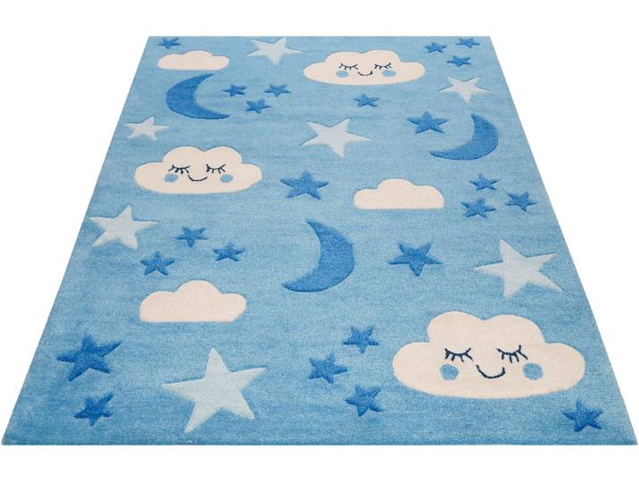 Kinderteppich SMART KIDS LaLeLu Gr. 31, blau, B:130cm H:9mm L:190cm, Kunstfaser, Teppiche, Kinderteppich, Mond Sterne Wolken, Konturenschnitt