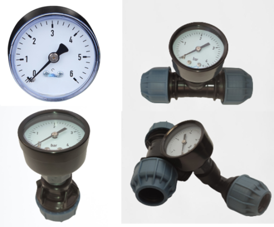Manometer mit 1/4" AG, 50 mm, 0-6 bar oder 0-10 bar, Drucküberwachung, mit PE-Rohr Verschraubung (Manometer mit 1/4" AG Variationen mit Übergängen: Manometer 0-10 bar + PE-T-Stück 25 + Übergang auf Manaometer ) 8.08-MA1T02