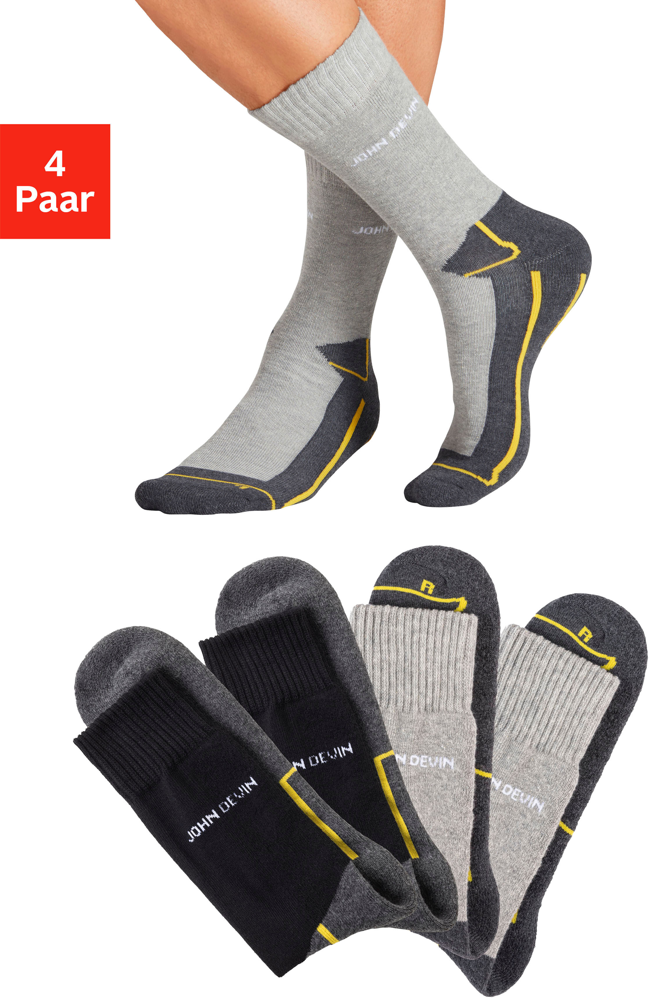 Funktionssocken JOHN DEVIN "Herrensocken mit Komfortbündchen", Gr. 47-48, grau (2x schwarz, 2x grau meliert), Baumwollmischung, elastisch, Socken Funktionssocken, mit Sohlen über Zehen und hoch Fersenplüsch 2x schwarz, 2x grau meliert 47-48